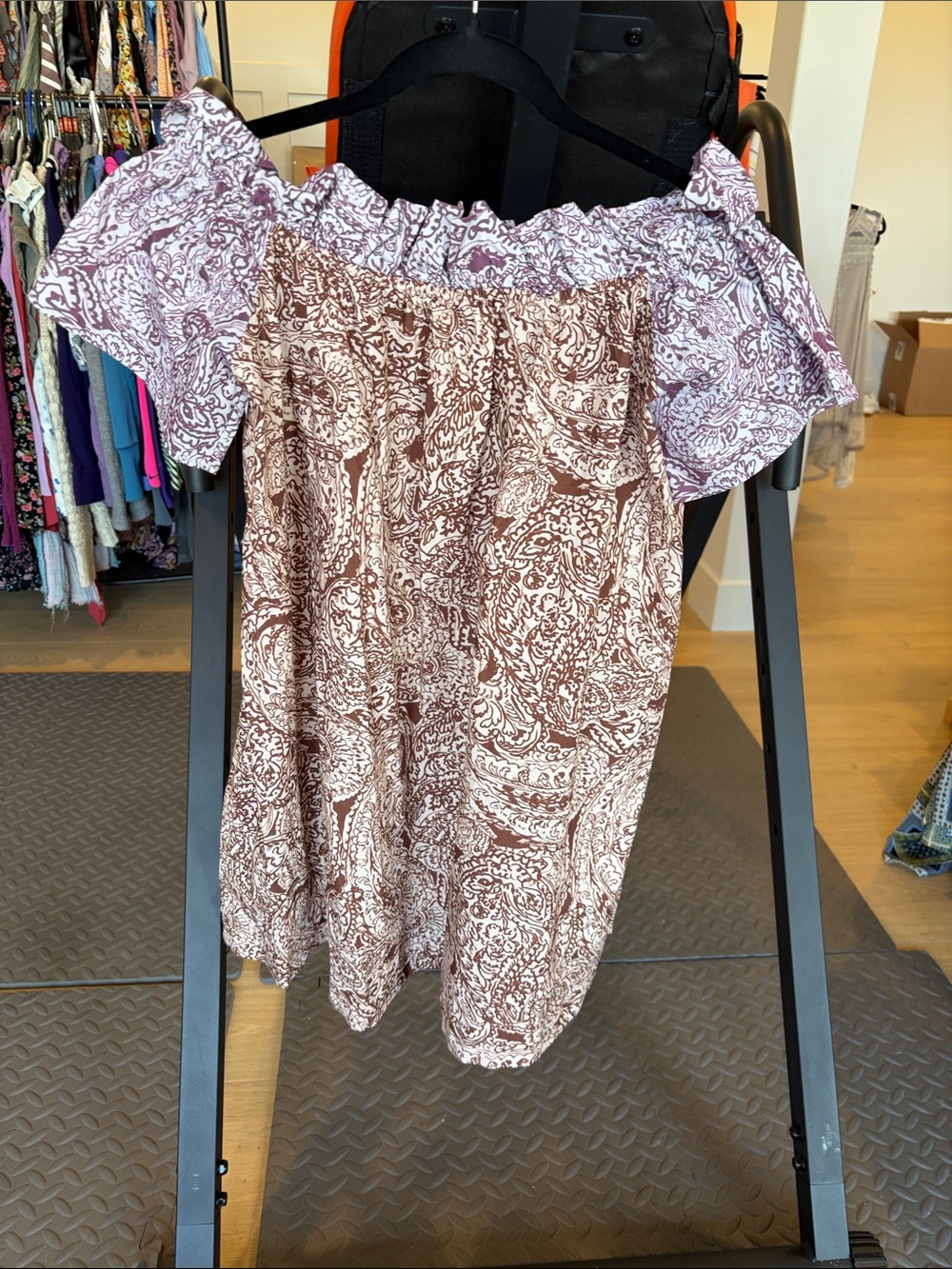 Free People Off-Shoulder Paisley Mini Dress in Brown and White